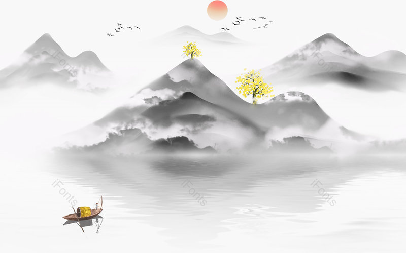 中国风日出手绘风景山水插画背景设计,插画/手绘图,插画/手绘图库,插画/手绘图下载,插画/手绘
